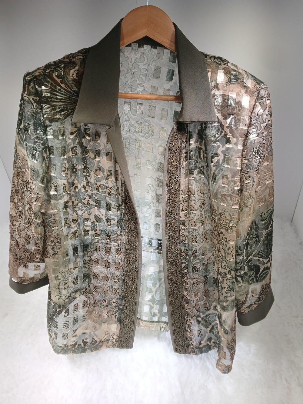 R&M Richards Vintage 90's Sheer Open Burnout Jacket Olive Green/Gold- Size 10P
